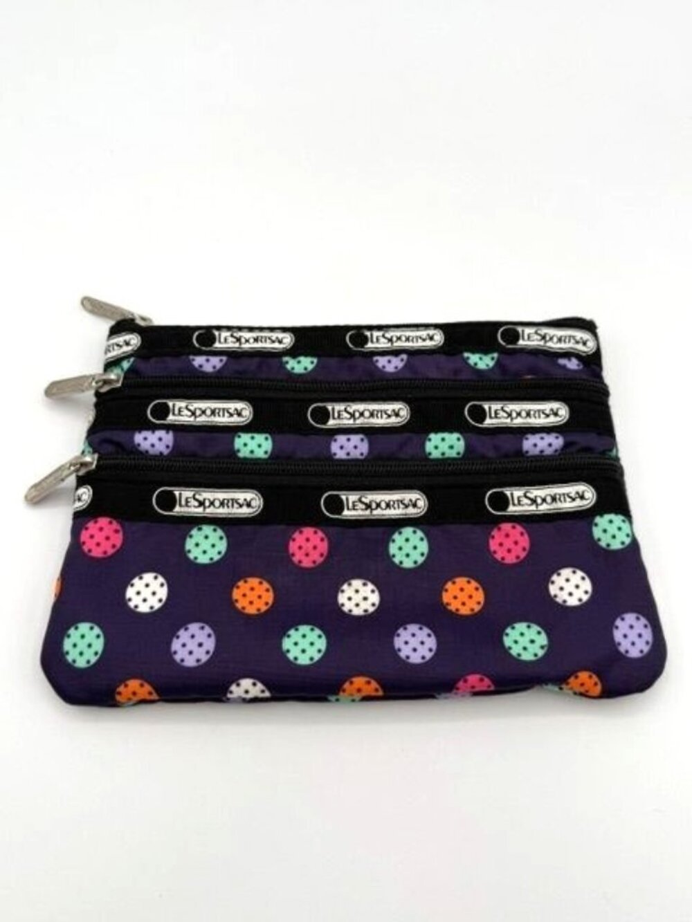 LeSportsac Nylon Multicolor Polka Dot 3 Zip Cosmetic Pouch Bag Organizer Wallet